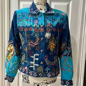 Y2K 90'S SANDY STARKMAN  JEAN JACKET TRIBAL EMBROIDERED SZ SMALL RARE BOHO CORE